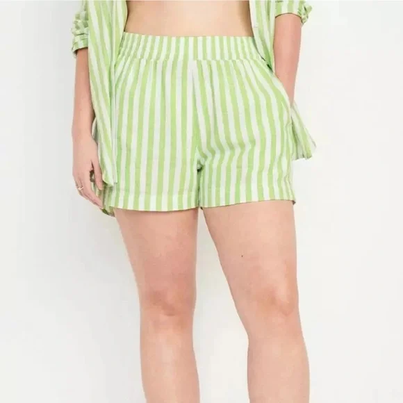 Old Navy Linen Blend Green White Striped Casual Lagenlook Pull On Shorts - Picture 2 of 12